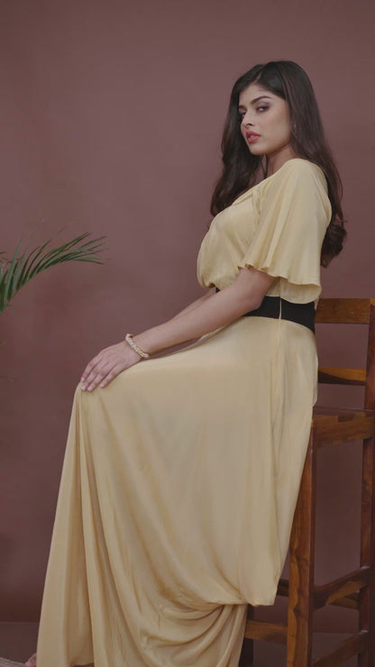 Beige Crepe Draped Cowl Gown