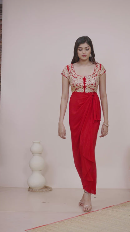 Red Habutai Silk Draped Embroidered Dress