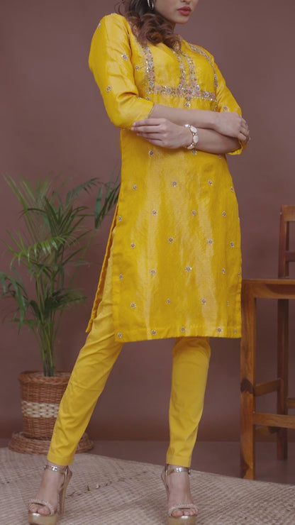 Deep Saffron Zari Kota Doriya Embroidered Kurta Set