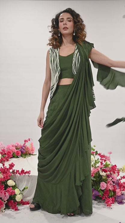 Embroidered Bottle Green Ruffled Saree Set