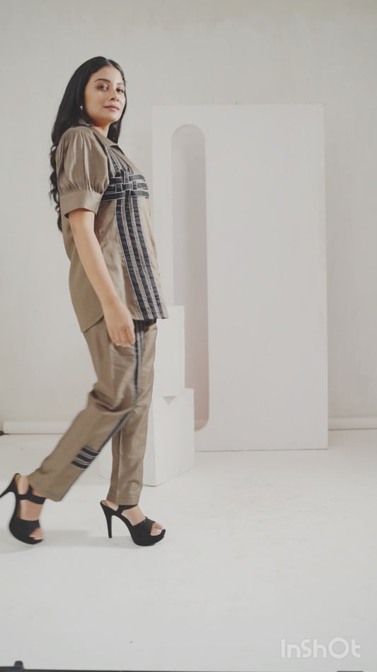 Khaki Brown  Geometric Patterned Blended Cotton Co Ord Set