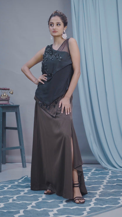 Black and Olive Green Embellished Skirt Set