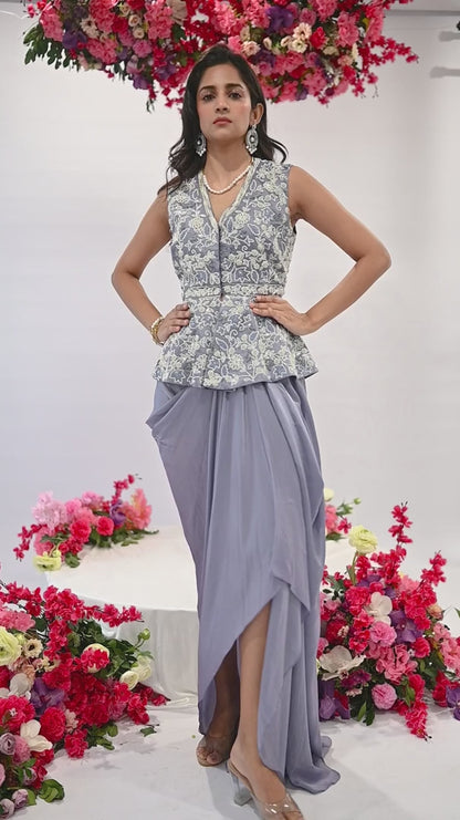 Icy Blue Peplum Top And Skirt Set