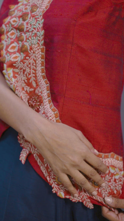 Bamberg Silk Red & Navy Blue Embroidered Jacket and Skirt Set