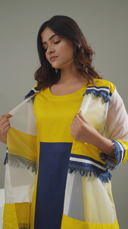Captivating Multicolored Blended Cotton & Organza Jacket Style Dress