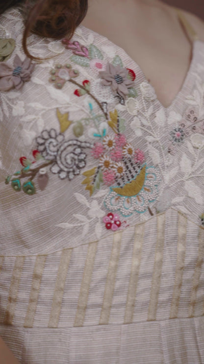 Beige Zari Kota Doriya Embroidered Gown