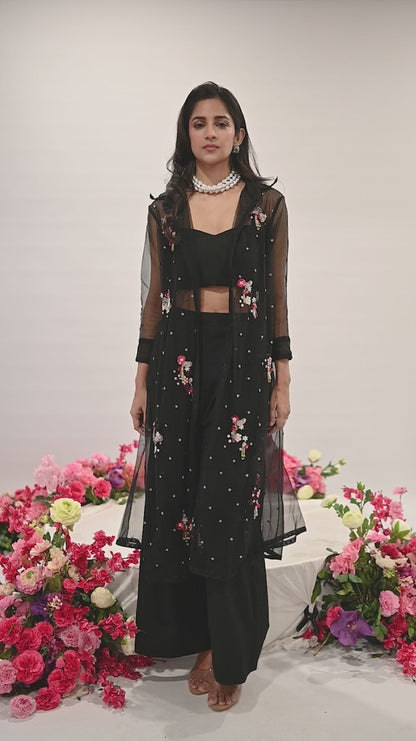 Black Embroidered Midnight Bloom Net Jacket Set