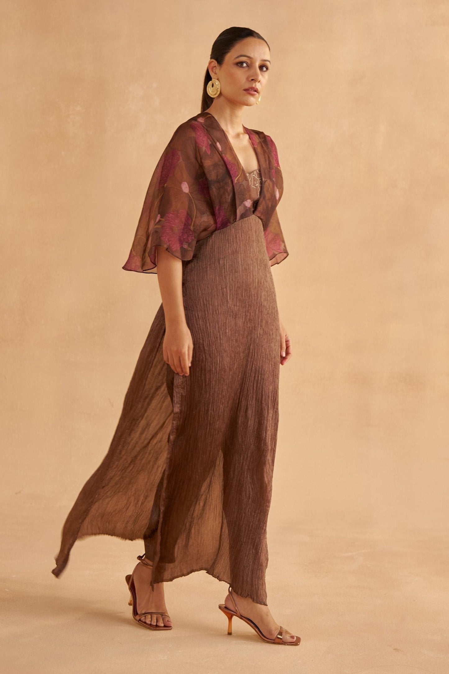 Walnut Brown Crushed Dress with Lotus-Printed Organza Overlay and Dark Brown Silk Pants with an Embroidered Bustier Blouse