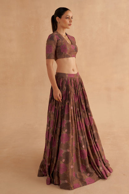 Zardozi Embroidery Paired with Brown Silk Blouse and Lotus Printed Lehenga