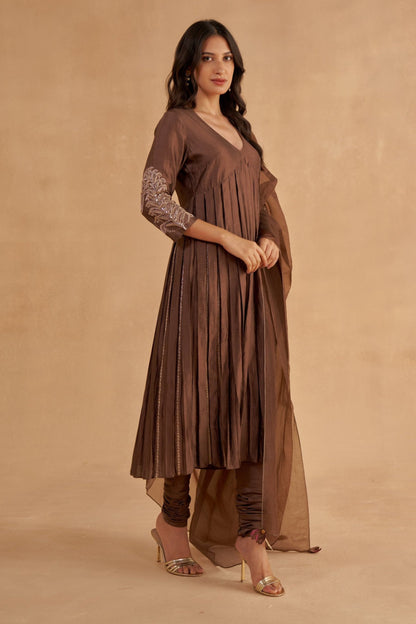 Dark Brown Fine Silk A-Line Embroidered Kurta with Churidar Pants and Organza Dupatta