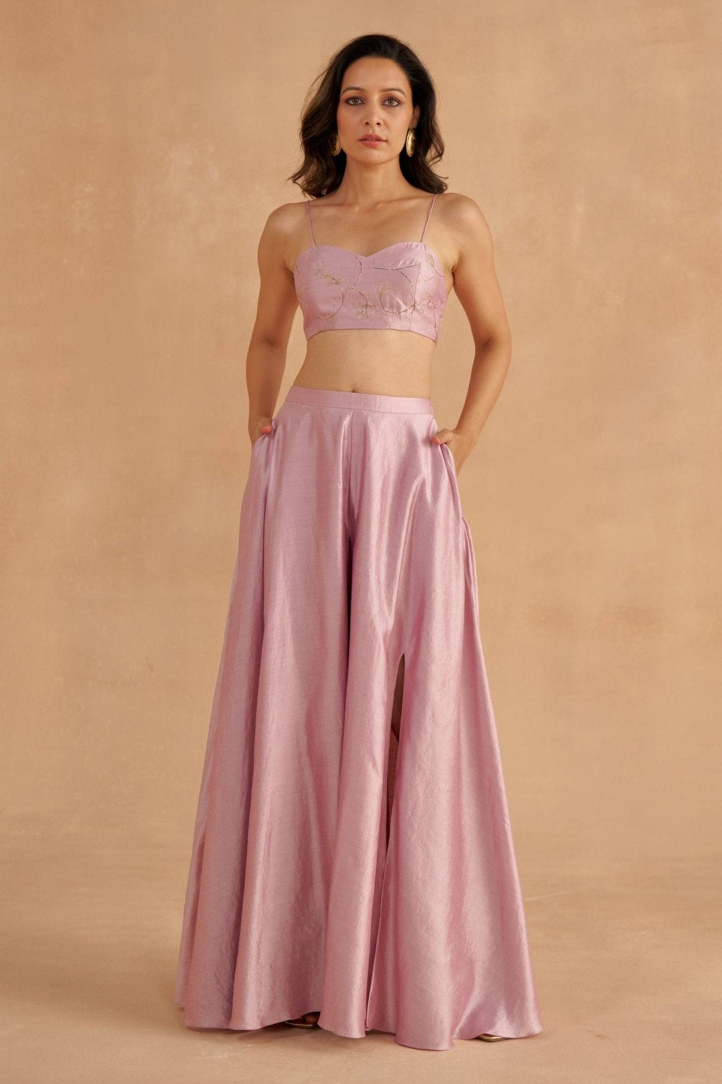 Soft Lilac Silk Blouse with Flared Sharara Pants