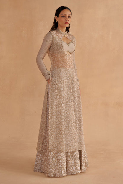 Warm Grey Chanderi Embroidered Bustier Blouse with Sheer Kurta and Flared Pants
