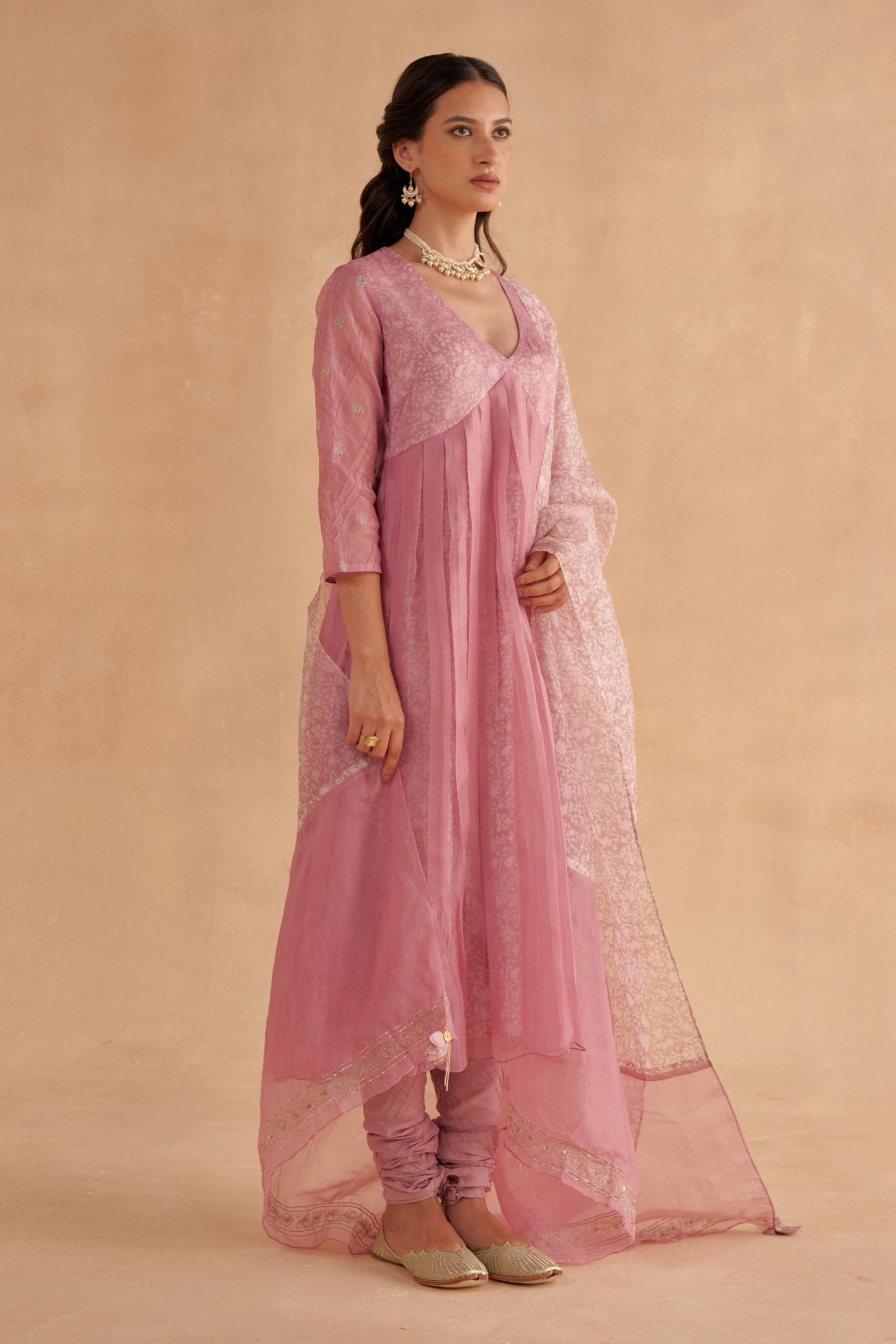 Blush Pink Organza Layered Kurta Set with Zardozi Embroidery and Patchwork Dupatta