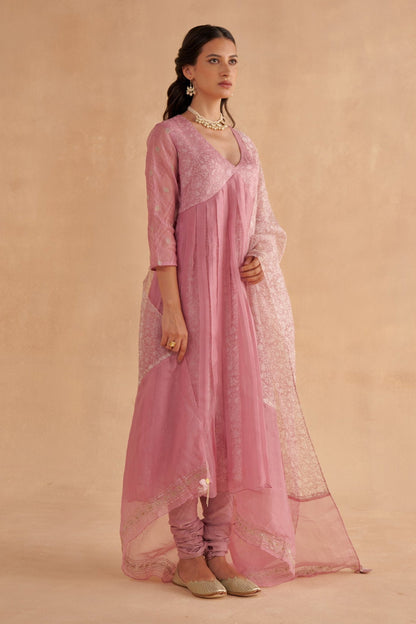 Blush Pink Organza Layered Kurta Set with Zardozi Embroidery and Patchwork Dupatta